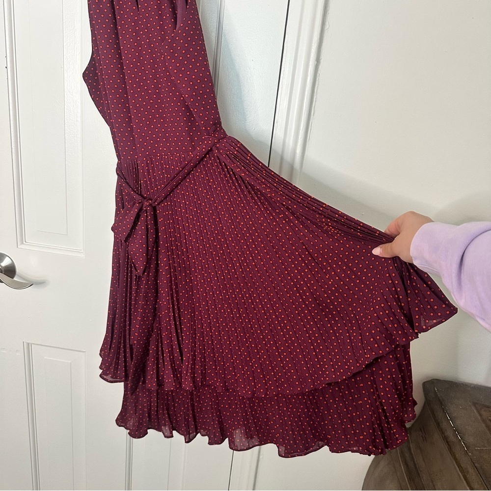 Ann Taylor Maroon Pleated Tiered Midi Dress Halter Polka Dot Career Holiday 4 S - Picture 6 of 9